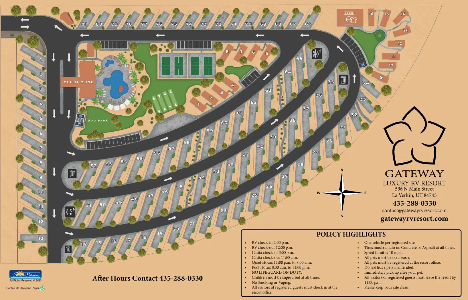 Site map of Gateway Luxury RV Resort in La Verkin, Utah, showing RV lots, clubhouse, and pool.