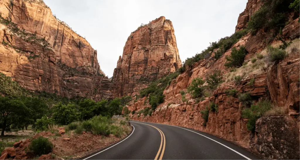 A dramatic view of the Zion Canyon Scenic Drive, capturing the scale of the red rock formations and the journey through the heart of the park.