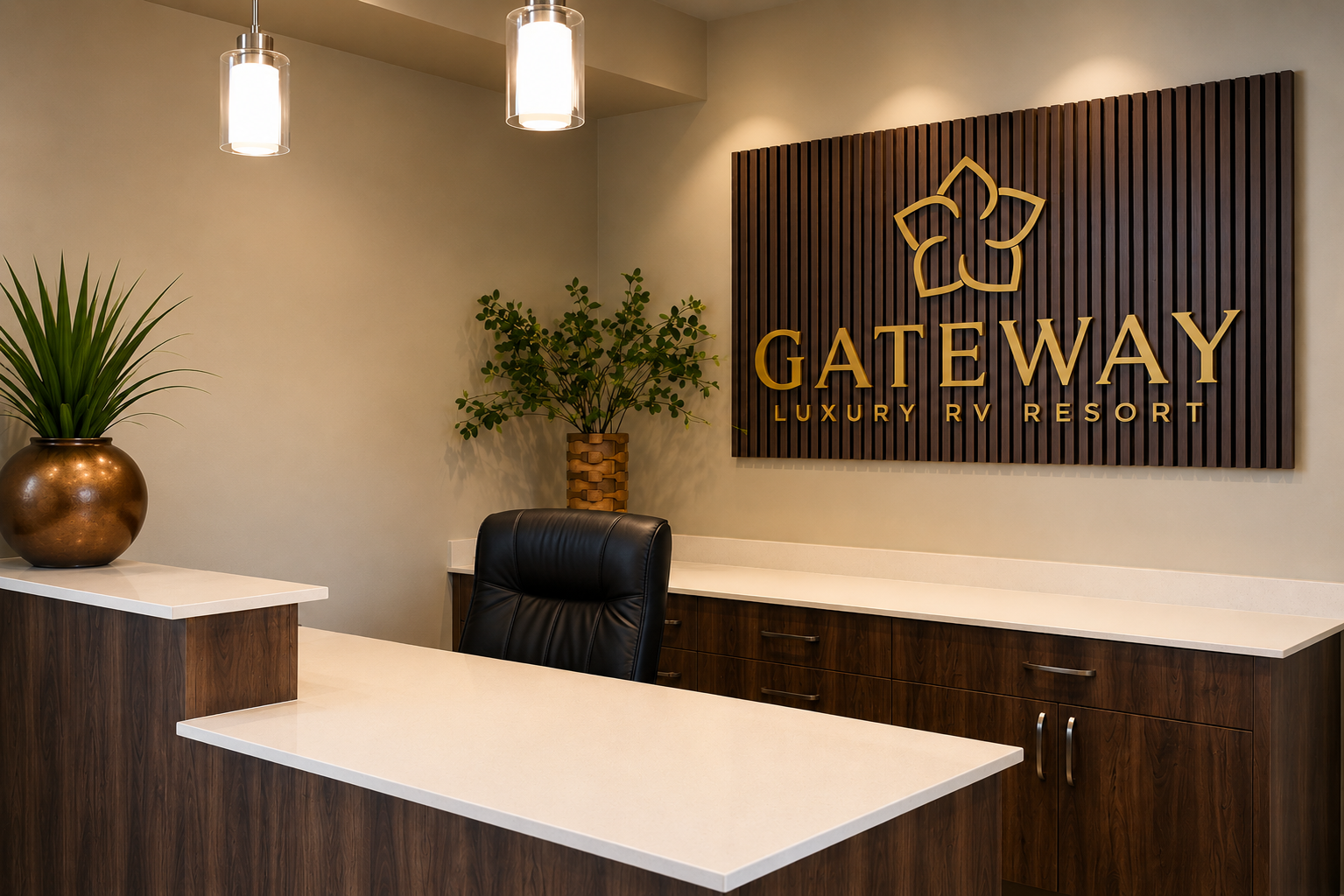 Modern reception area at a luxury RV resort near Zion National Park, featuring a welcoming front desk and elegant interior design